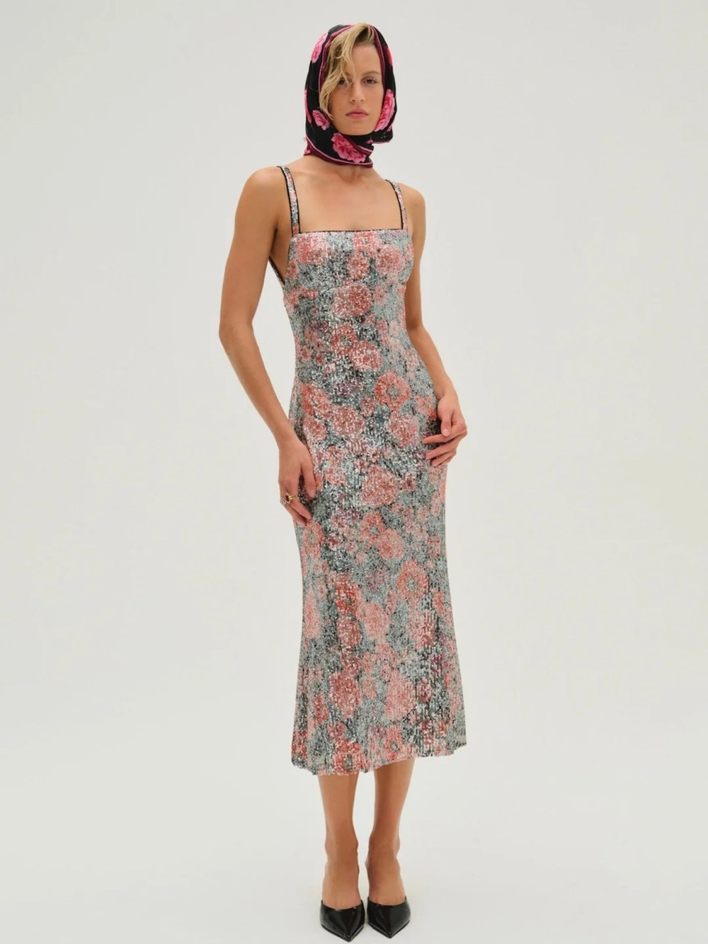 For Love & Lemons Floral Square-Neck Slip Sequin in Pink and Green